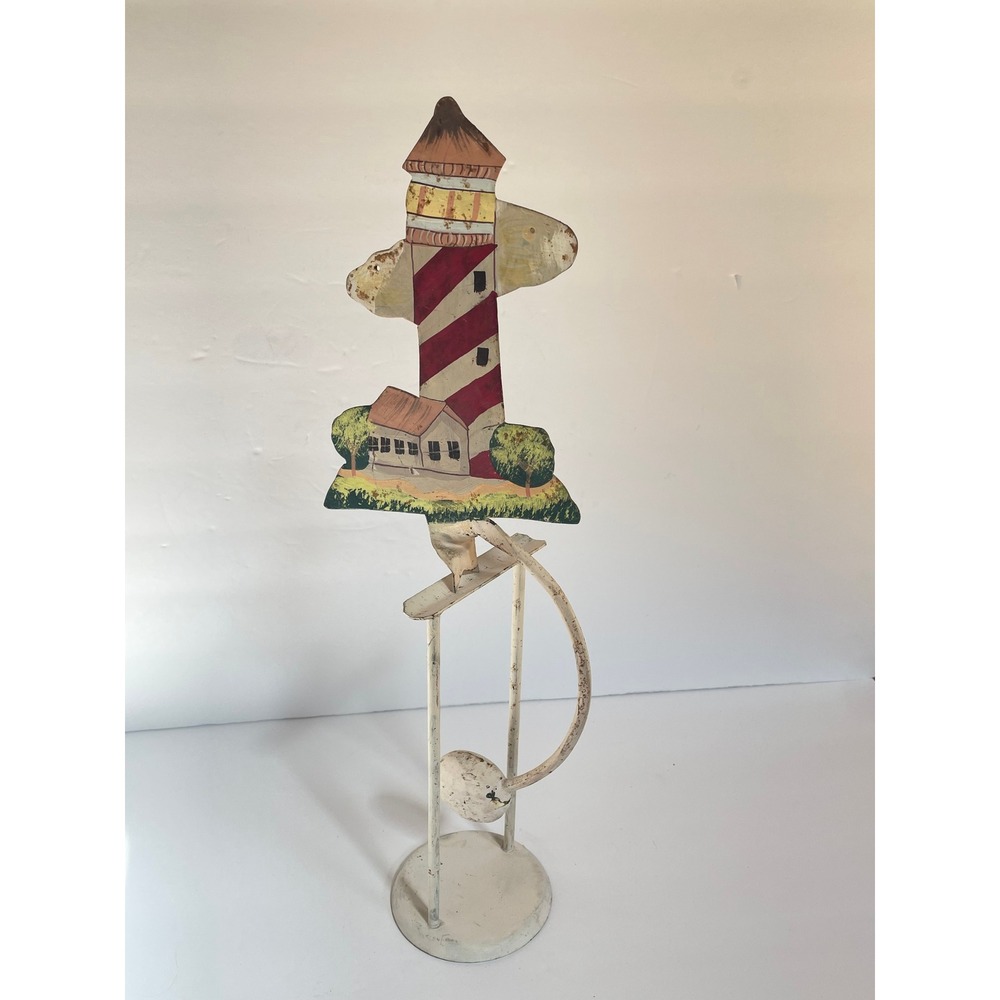 Vintage Folk Art Metal Lighthouse Balance Toy Kinetic Sky Hook Sculpture